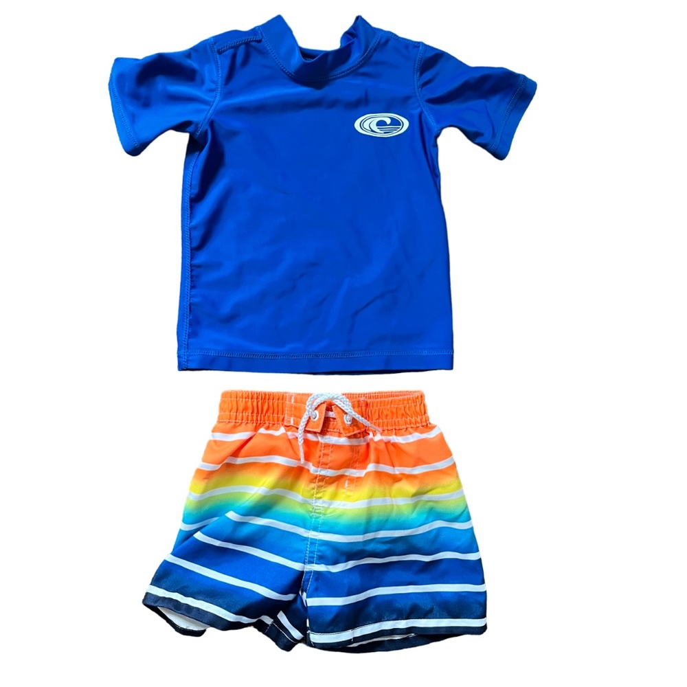 Koala Kids Blue Rash Guard & Rainbow Swim Trunks, Size 6 Months